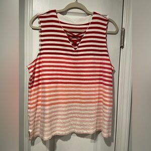 Talbots Size XLP Punk Red Ombré Striped Criss Cross V Neck Sleeveless Cotton Top
